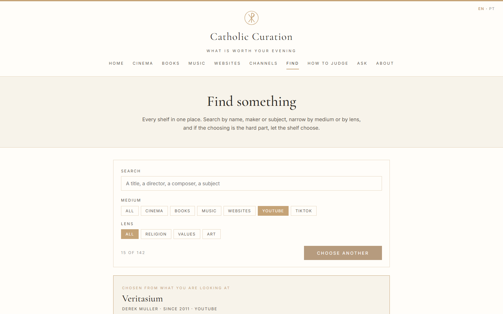 The Find page: search across every shelf, filters for medium and lens, and one entry chosen at random from what is on screen