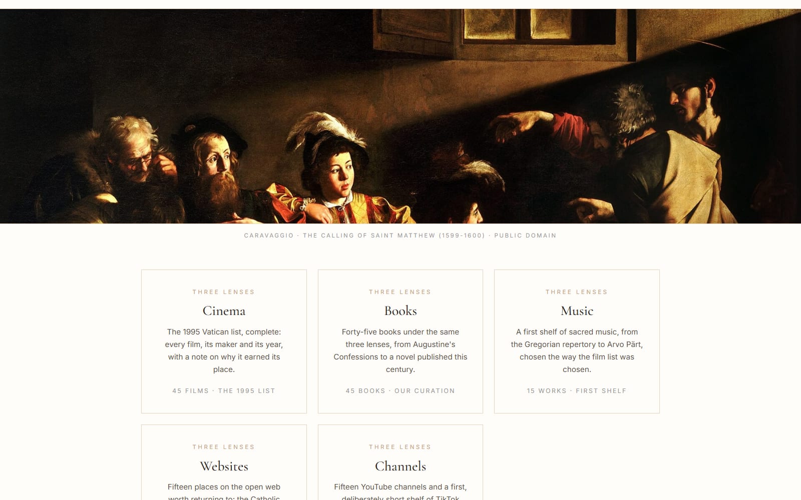 The home page: a Chi-Rho in gold, the words A shelf, not a feed, and three cards for Cinema, Books and Music