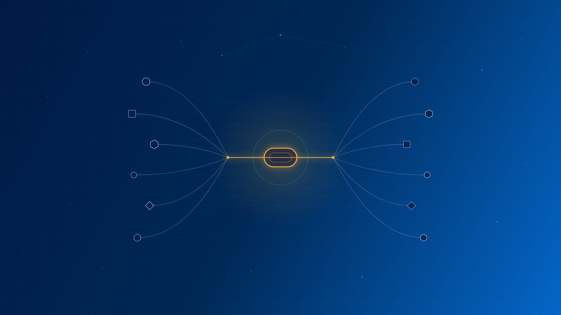 Heterogeneous AI clients and tools converge through one glowing connector, replacing a ghosted mesh of point-to-point integrations