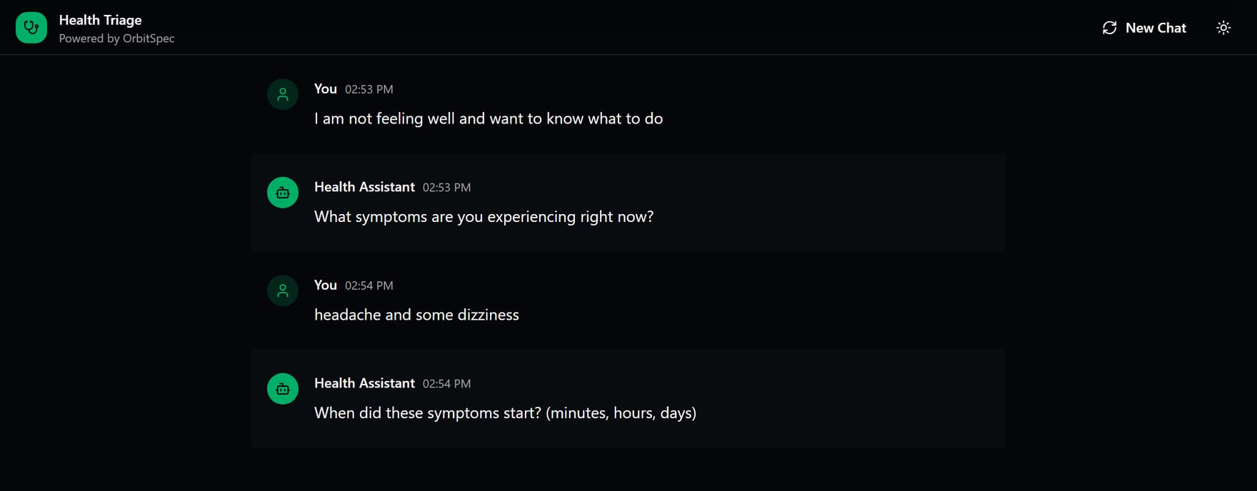 The health-triage demo: a chat app relays OrbitSpec's questions one at a time