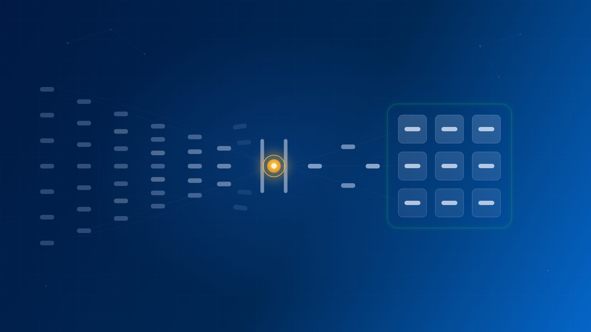 A stream of code blocks funneling through a single glowing checkpoint; only what passes locks into a clean, kept lattice