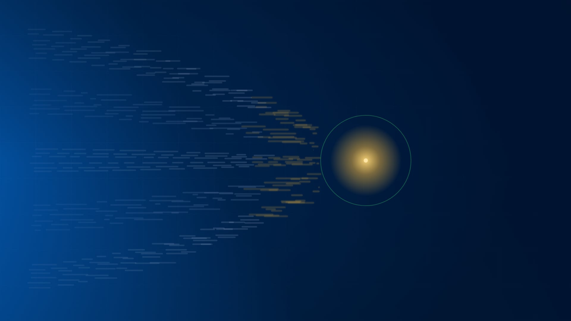 Several dim code-streams in different shapes flowing inward and converging on one steady amber node that stays lit while the streams change around it