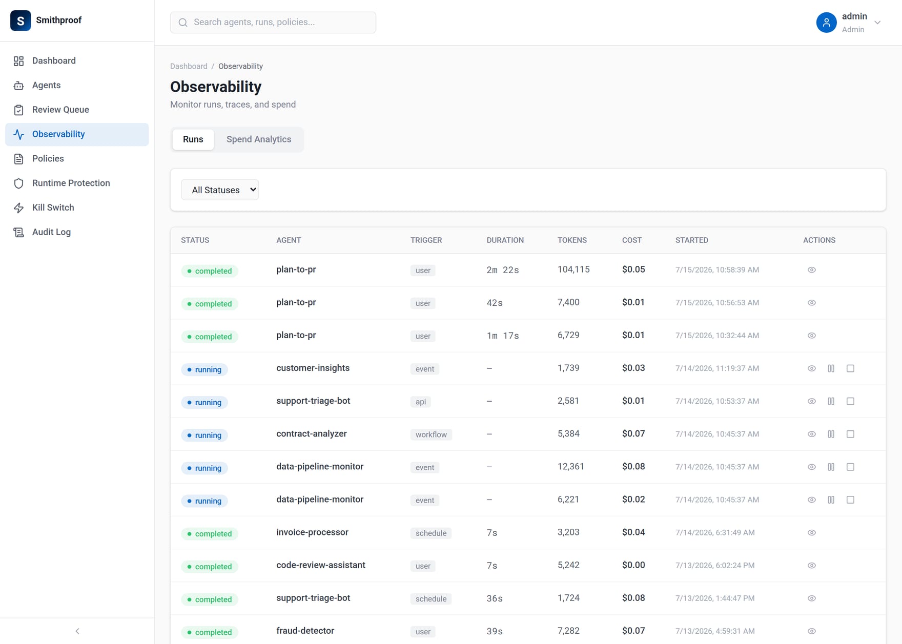 The Smithproof console runs view, with the plan-to-pr runs listed alongside other agents, including durations, token counts, and cost