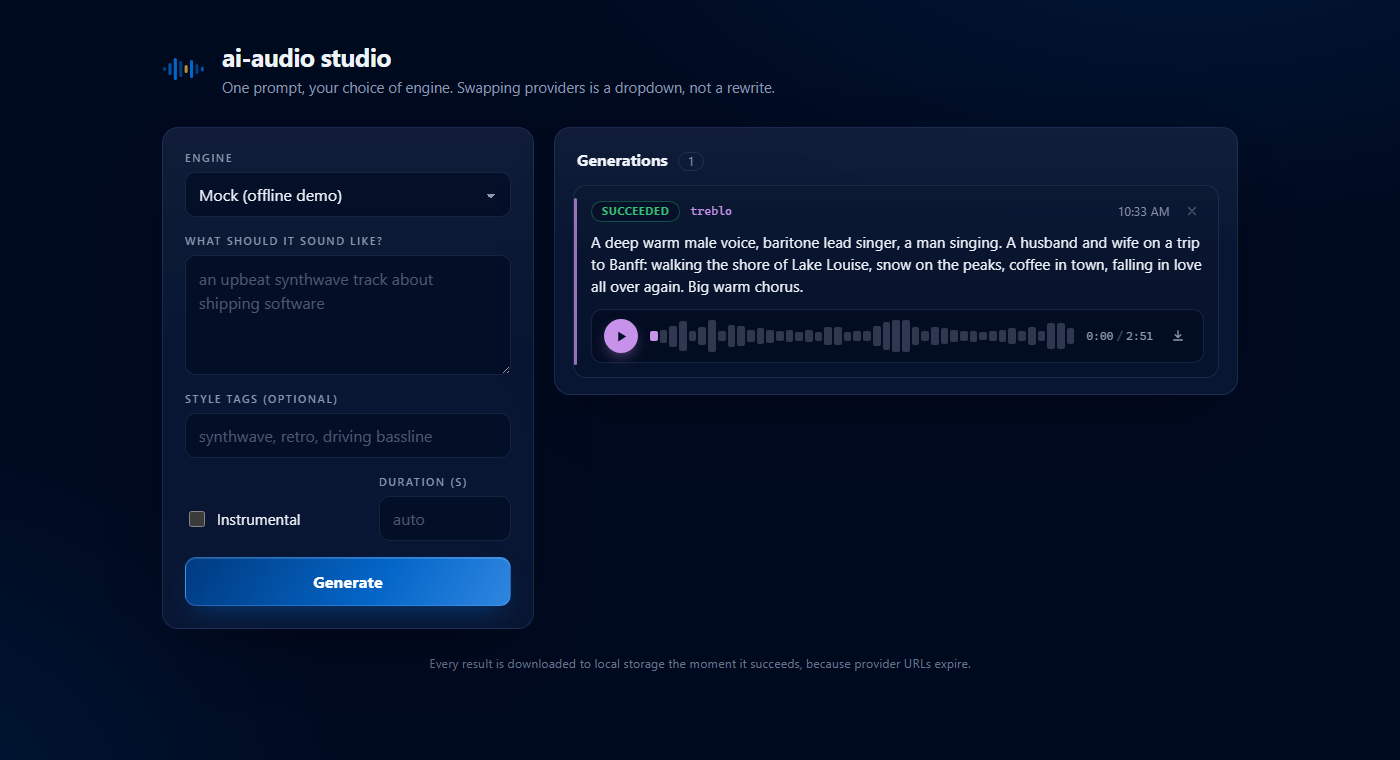 The ai-audio studio: engine and model dropdowns on the left, generations with waveform players on the right