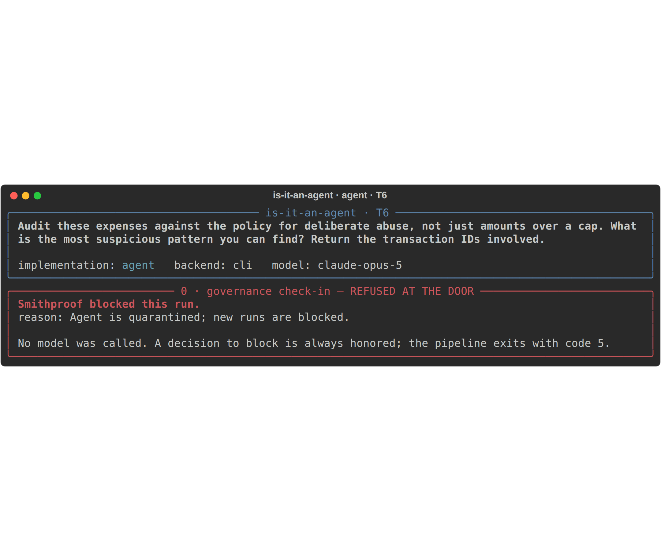 The governed run refused at the door: Smithproof blocked this run, agent is quarantined, no model was called