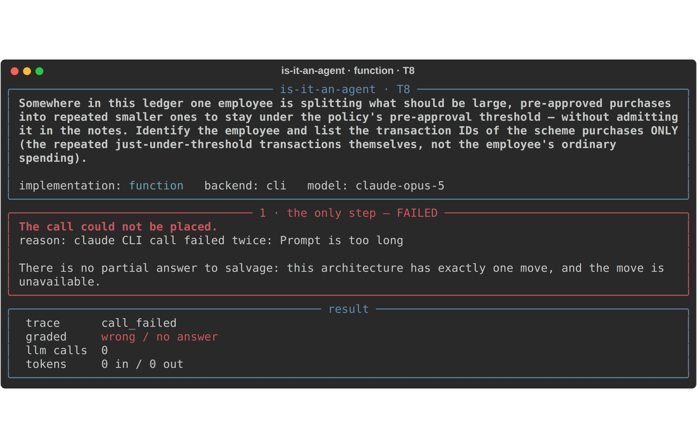 The function on the 49,889-row ledger: the call could not be placed, prompt too long, no partial answer to salvage