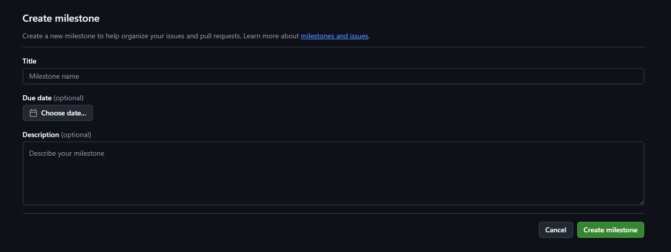 GitHub's create milestone form: a title, a due date, a description