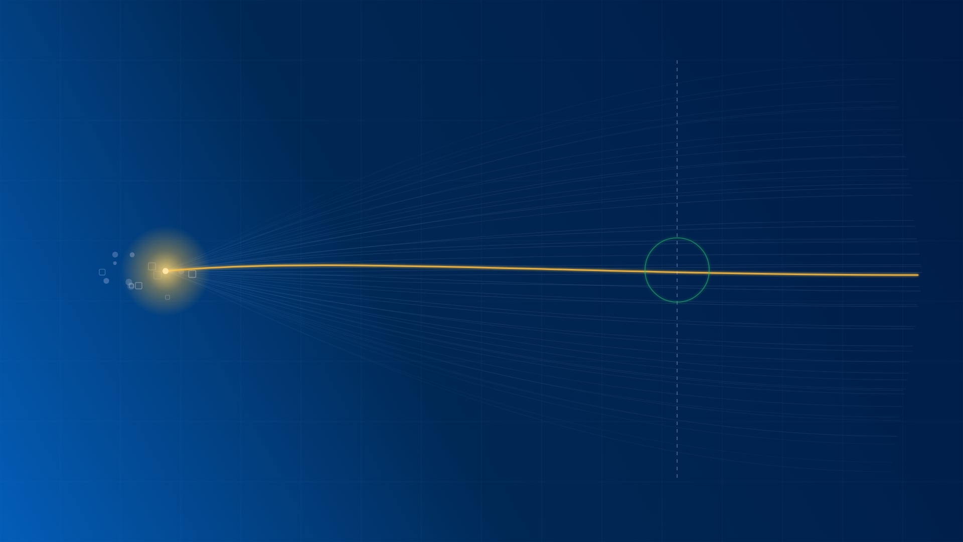 A cluster of work items on the left fanning out into many faint possible futures, one amber path lit through the middle, crossing a vertical deadline line inside a green ring
