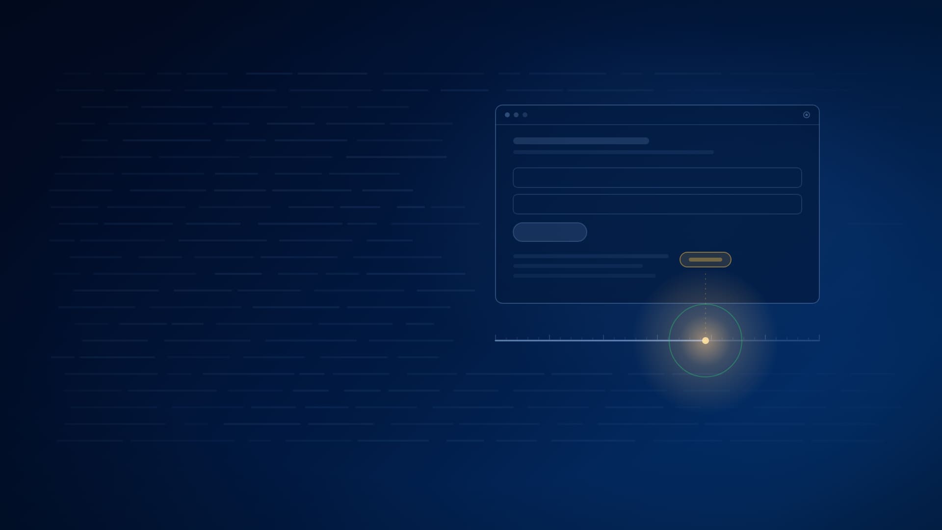 A browser window being recorded over a dark field of faint lines, the recording's timeline running beneath it, and one moment on the timeline lit amber inside a green ring, joined by a dotted line to the element on the page it caught