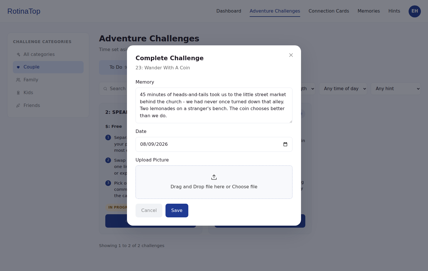 The Complete Challenge form, a memory being written: "45 minutes of heads-and-tails took us to the little street market behind the church…"