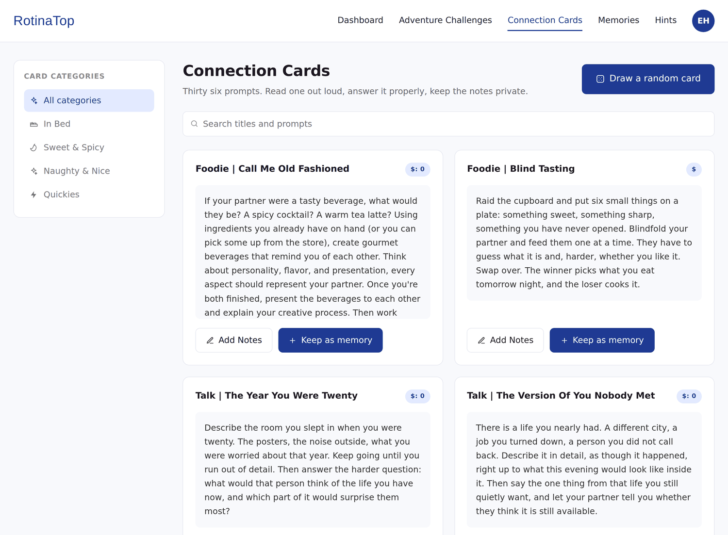 The Connection Cards deck, entirely open: a category sidebar, a search box that covers titles and prompts, a Draw a random card button, and every prompt readable in full with Add Notes and Keep as memory beneath it