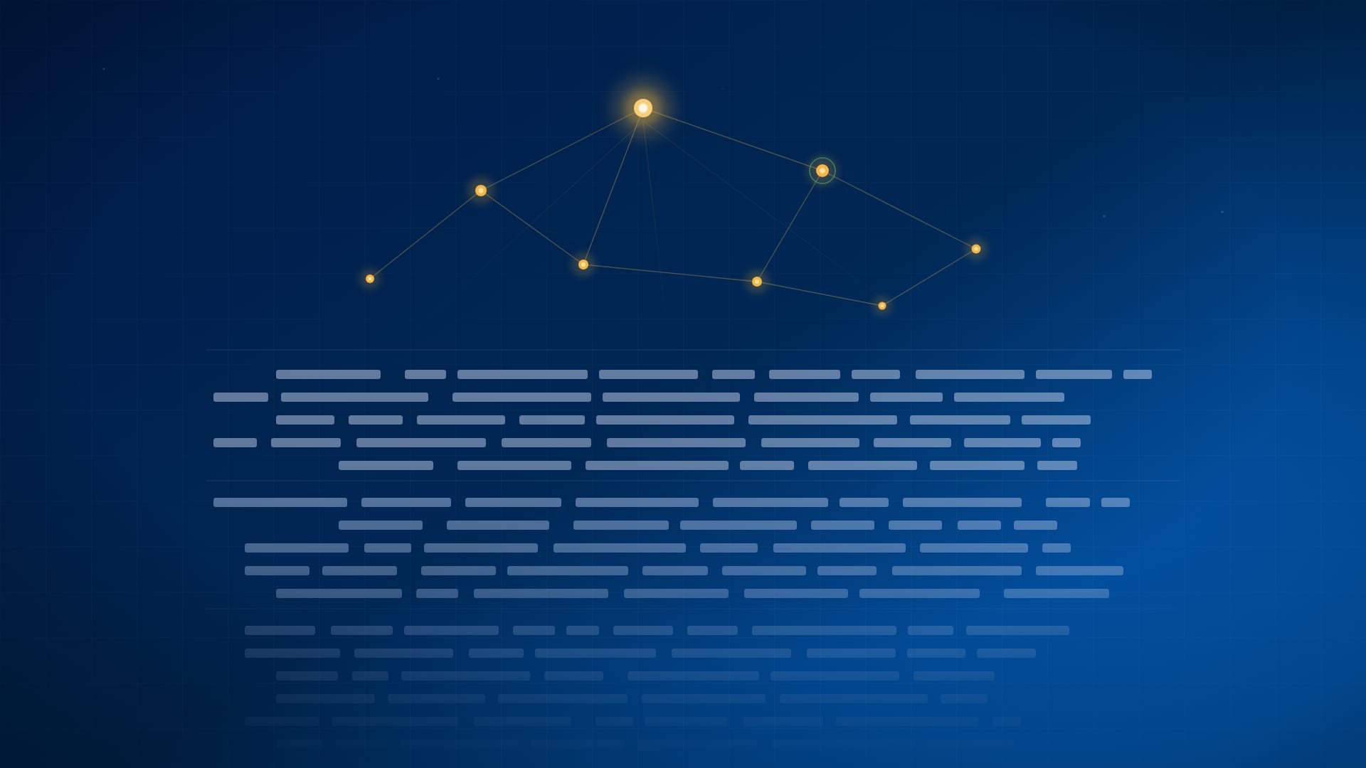 A dense field of code lines fading into the dark, beneath a sparse constellation of glowing judgment nodes that stays lit