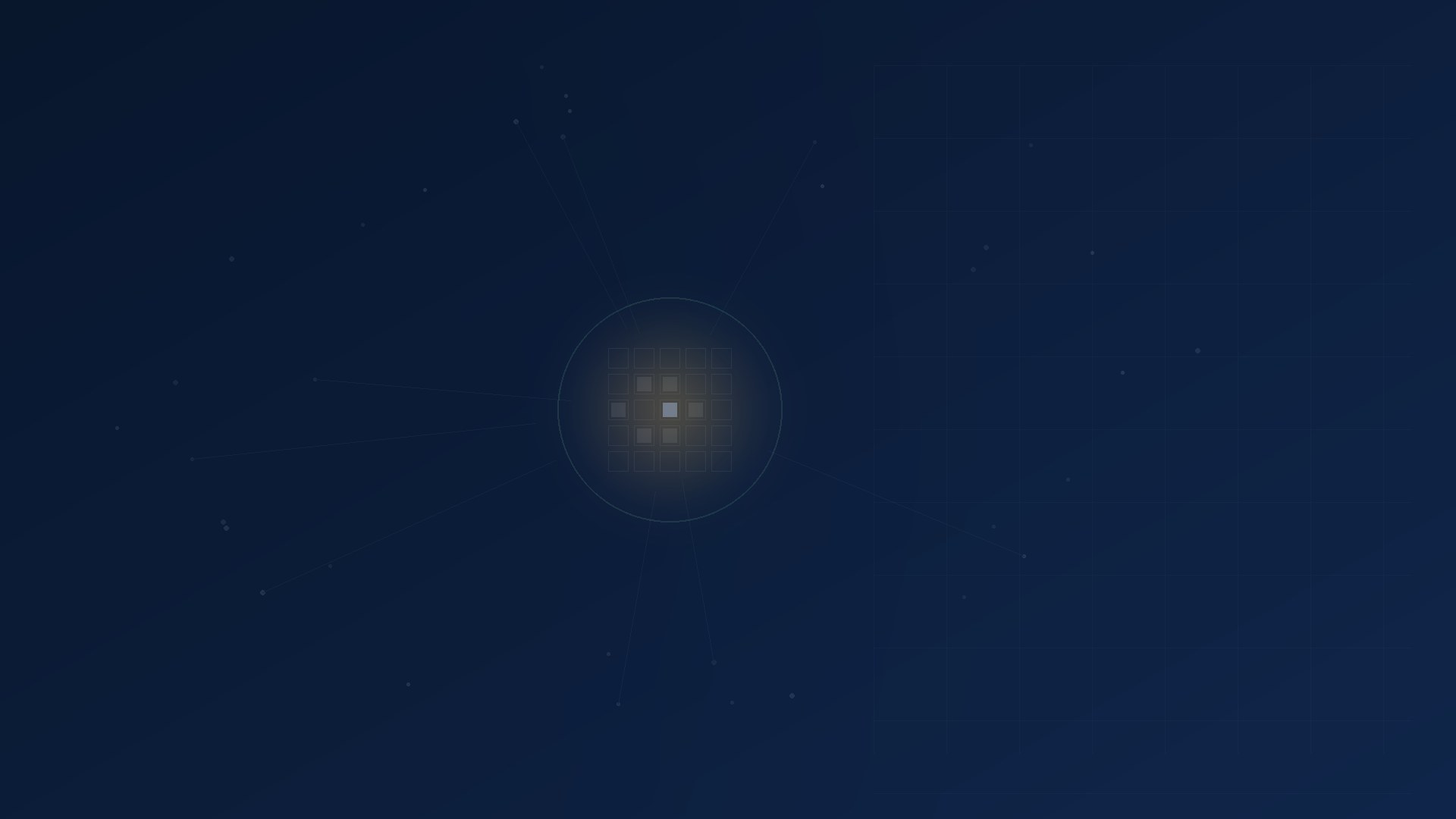 A loose ring of faint watchers turn their sight-lines toward a small hand-set grid of cells whose center square burns amber inside a green ring