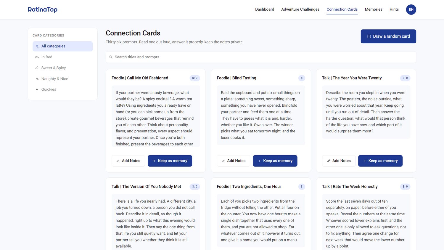 Connection cards laid out by category, thirty six prompts to be read out loud and answered properly, with the notes kept private