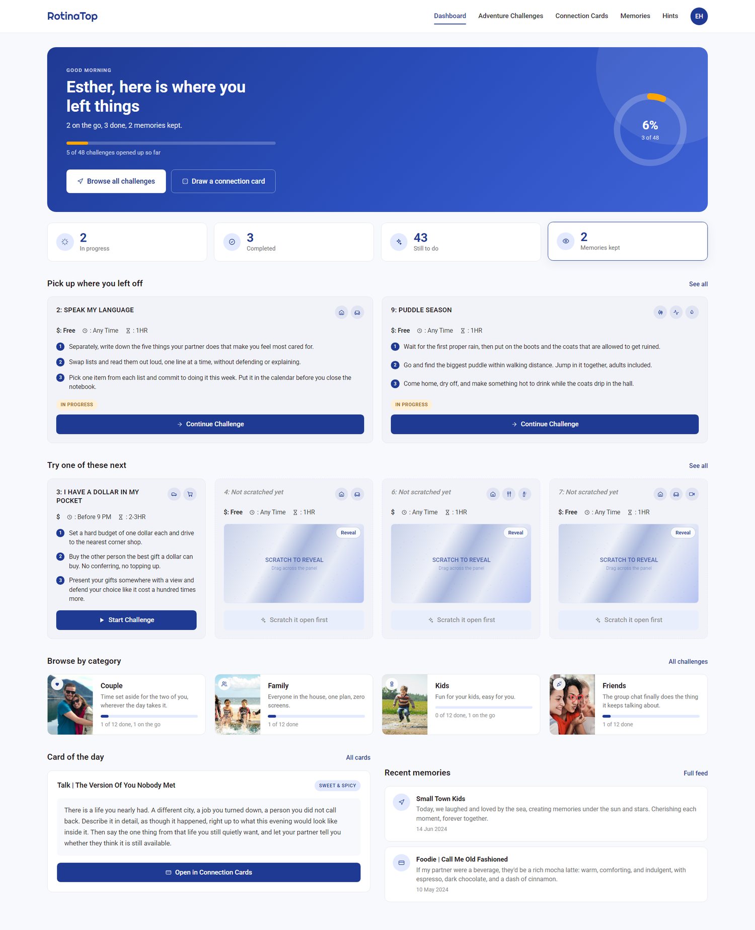 The RotinaTop dashboard: two challenges on the go, three done, two memories kept, and categories for Couple, Family, Kids and Friends, one of them promising everyone in the house one plan and zero screens