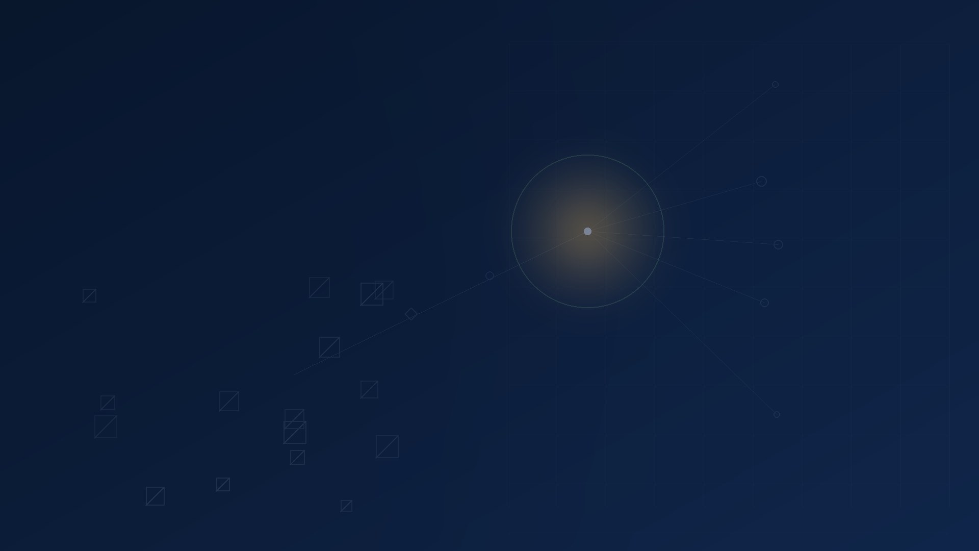 A field of small struck-through boxes sinking into the dark on one side while a single amber question glows inside an open green ring, sending threads toward a waiting grid