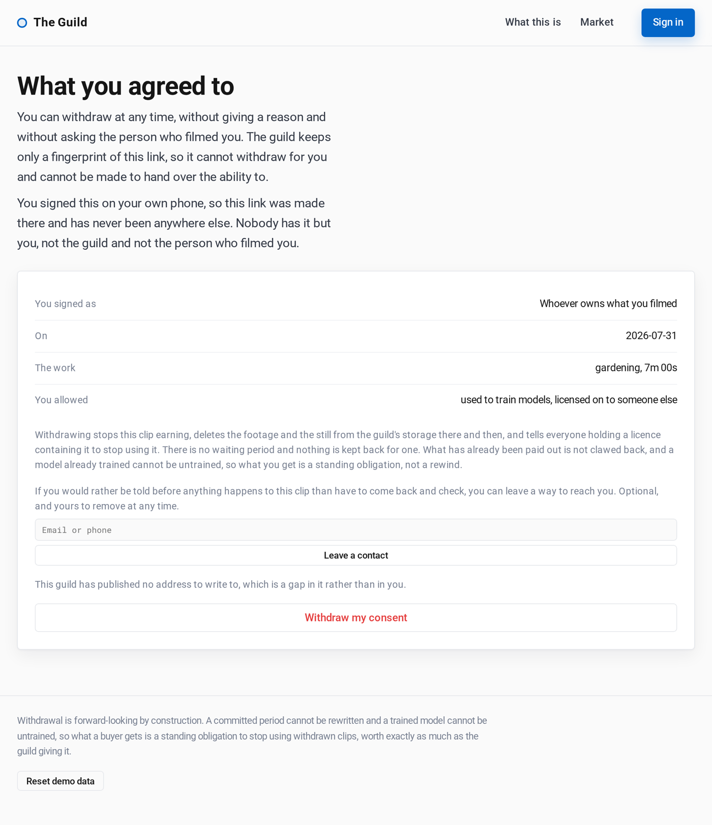 What she sees from her own link: what she agreed to, and a button to withdraw that needs nobody's permission