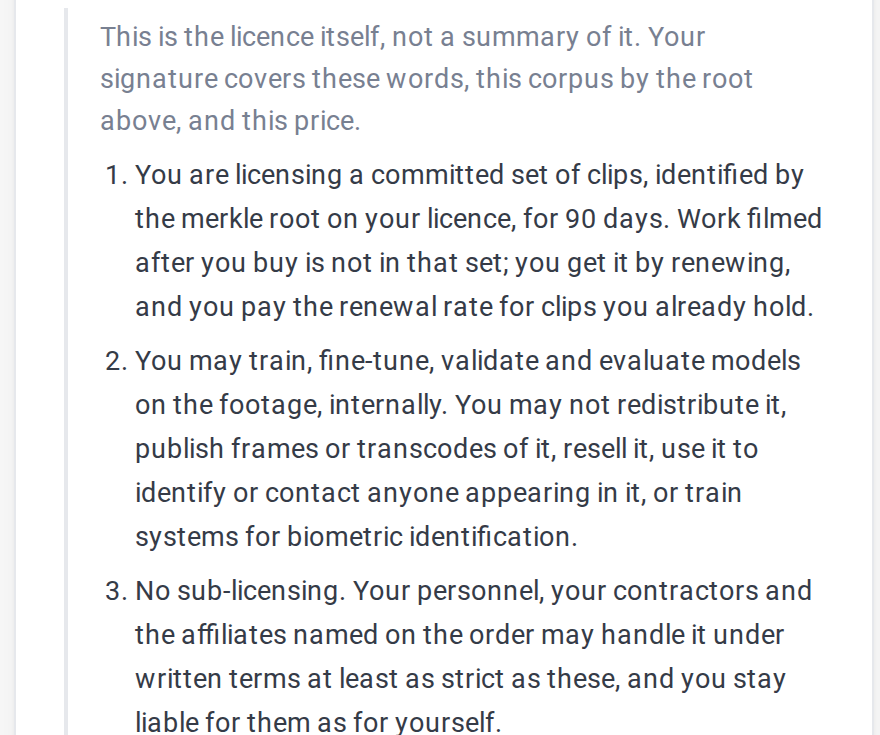 The licence itself, displayed in the purchase flow: committed set, internal training only, and no sub-licensing