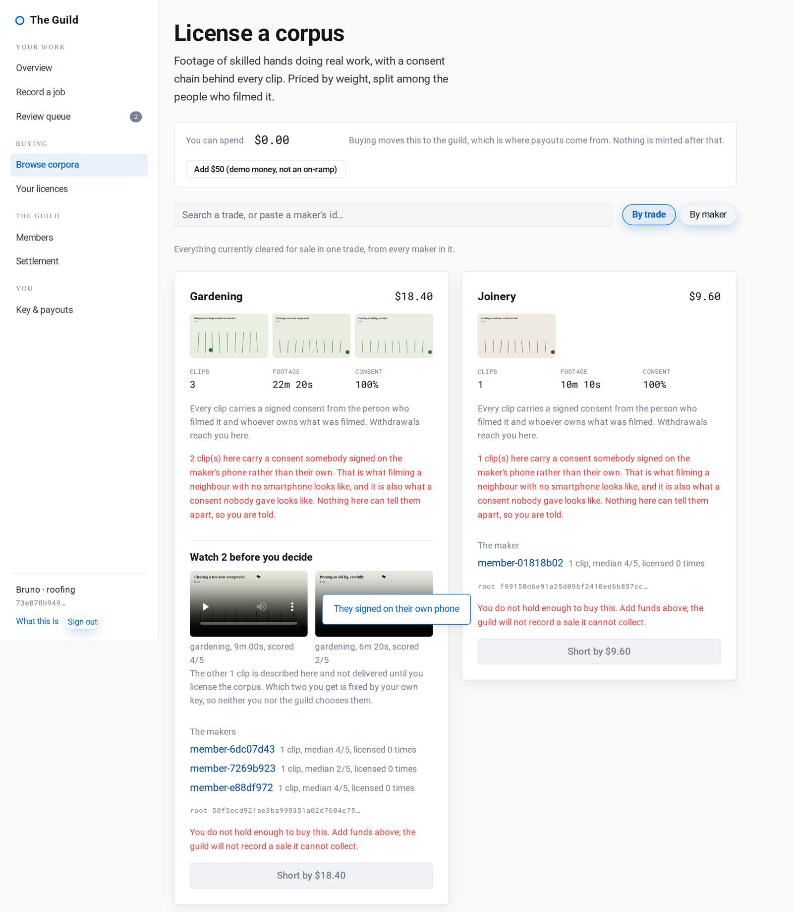 The market: corpora by trade, consent coverage, the two playable sample clips where a corpus is big enough to spare them, and the makers' records