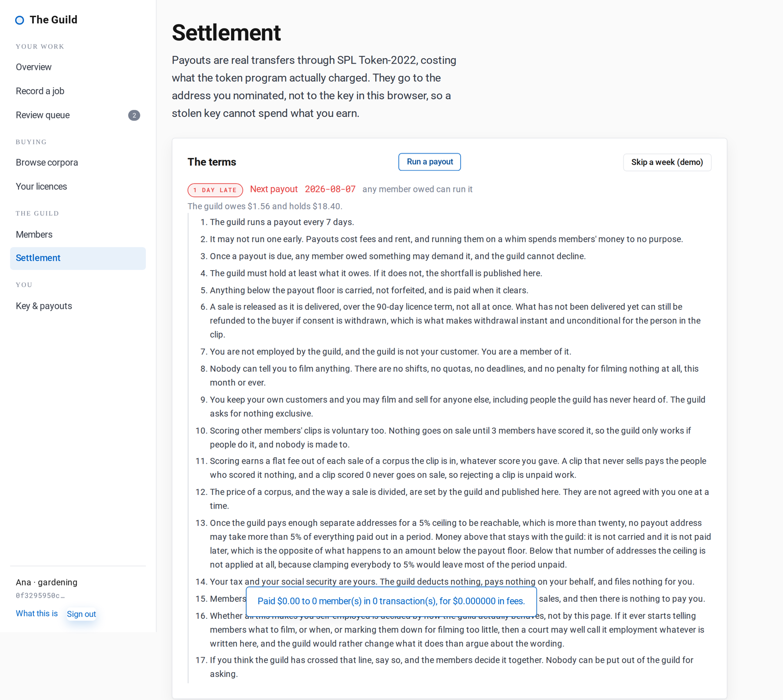 The payout terms in the app: seventeen clauses, the payout schedule, and what the guild owes against what it holds