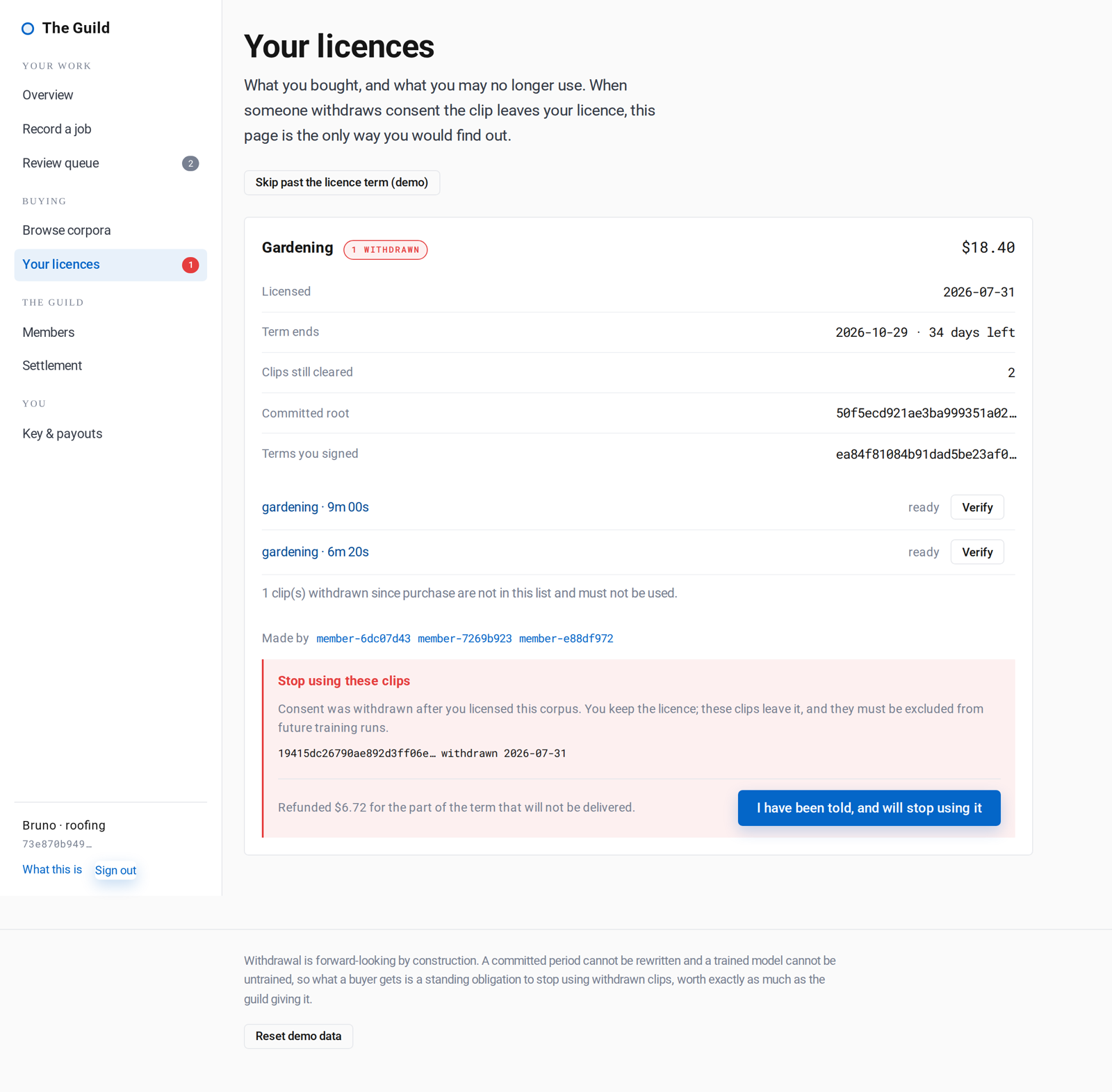 The buyer's licence after a withdrawal: the clip that must stop being used, the refund, and the acknowledgement waiting to be signed